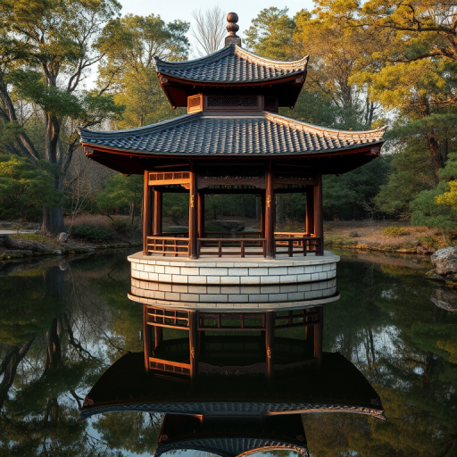 Capture a traditional Asian pavilion by a serene pond surrounded by trees, with reflections in the water, using a DSLR camera, 24mm lens, aperture f/8, ISO 200, 1/125 sec, in soft natural light, with a slight HDR effect for enhanced detail.