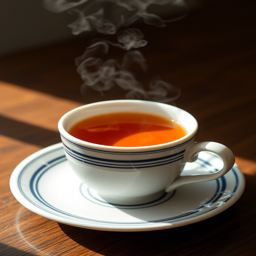 Generate a high-resolution image of a steaming cup of tea in a white ceramic cup with blue stripes on a saucer, using a DSLR camera with a 50mm lens, f/1.8 aperture, 1/200s shutter speed, and natural lighting.