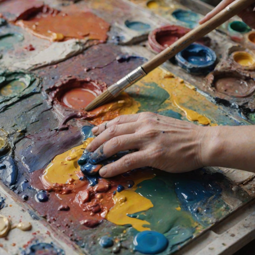 Sharp close-up of an artist's palette, vibrant blobs of oil paint blending into each other, with a hand holding a paintbrush mid-mix, soft natural light highlighting the textures.