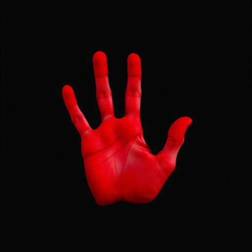 Create a high-resolution image of a red handprint on a black background, using a Canon EOS R5, 50mm lens, f/1.8 aperture, ISO 100, and a shallow depth of field to focus on the handprint while softly blurring the edges.
