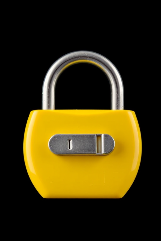 Create a high-resolution image of a shiny yellow padlock with a silver shackle, centered on a simple black background, using a DSLR camera with a 50mm lens, aperture set to f/2.8, ISO 100, and a shutter speed of 1/100 seconds.