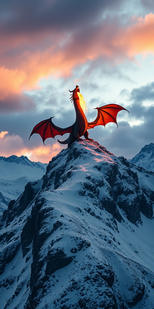 Generate an image of a majestic dragon breathing fire atop a snow-covered mountain with a dramatic sky, using a Canon EOS R5 camera, 35mm lens, f/2.8 aperture, ISO 100, and a wide-angle view for enhanced depth and detail.
