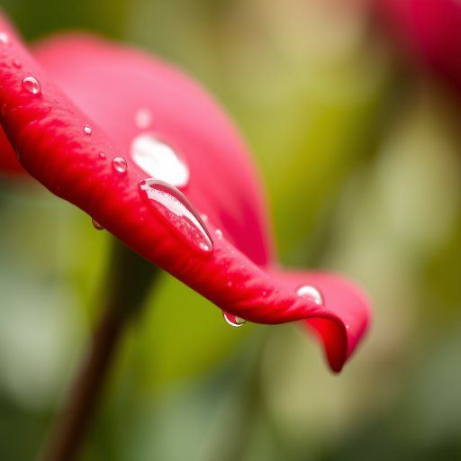 macro shot of a red rose petal with droplets of water on it, soft focus background with bokeh effect, f/2.8 aperture, 100mm lens, ISO 100, natural lighting, taken with a DSLR camera