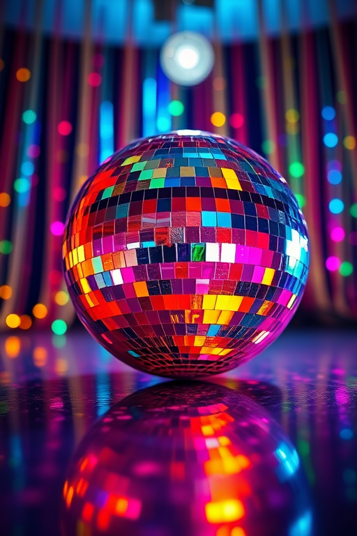 Create a vibrant, colorful disco ball with a reflective surface, using a wide-angle lens at f/8, ISO 100, 1/125s shutter speed, taken from a low angle to emphasize its circular shape and patterns, in high resolution.