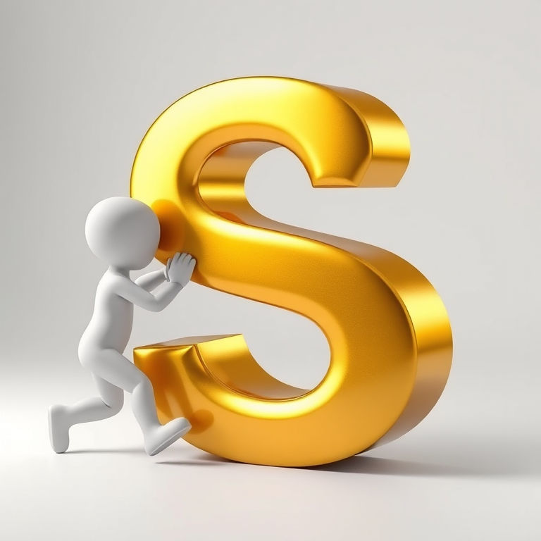 Create an image of a 3D gold letter S being pushed by a small white humanoid figure, use a DSLR camera with a 50mm lens, aperture f/1.8, ISO 100, in a well-lit studio environment, with a focus on the shiny texture of the letter S.