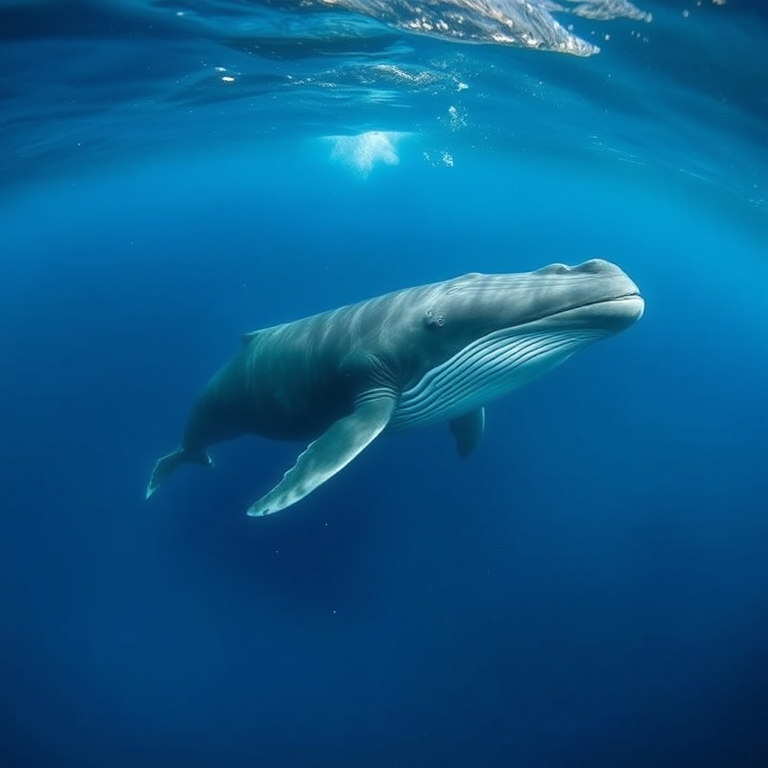 underwater photograph of a whale swimming gracefully through deep blue water, captured with a DSLR camera, 18mm focal length, f/2.8 aperture, ISO 400, 1/200s shutter speed, wide-angle view, natural lighting, high resolution