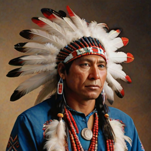 Create a dignified portrait of a Native American man dressed in traditional attire. He wears a beautifully crafted headdress adorned with white feathers and red beads, along with a beaded headband featuring intricate patterns. His clothing includes a deep blue, patterned shirt and a traditional chest piece with detailed beadwork. His arms are crossed, displaying leather armbands decorated with feathers. The background is simple and neutral, emphasizing his proud and stoic expression. The overall image captures the rich cultural heritage and strength of his persona.