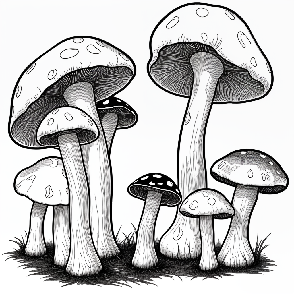 Intricate Black and White Illustration of Various Mushroom Species in ...