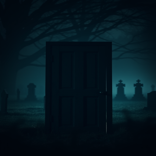 Create a mysterious scene featuring a weathered wooden door standing in a dark, foggy graveyard with faint silhouettes of gravestones in the background, captured with a Canon EOS R5, 50mm f/1.8 lens, f/2.8 aperture, ISO 100, 1/50s shutter speed, in low light conditions to enhance the mood and details.