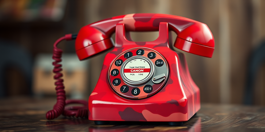 Create a highly detailed vector image of a vintage rotary phone in red camouflage colors, using a Canon EOS 5D Mark IV with a 50mm f/1.8 lens, ISO 100, f/8 aperture, and 1/200 sec shutter speed, ensuring a crisp, vivid quality with soft bokeh effects in the background.