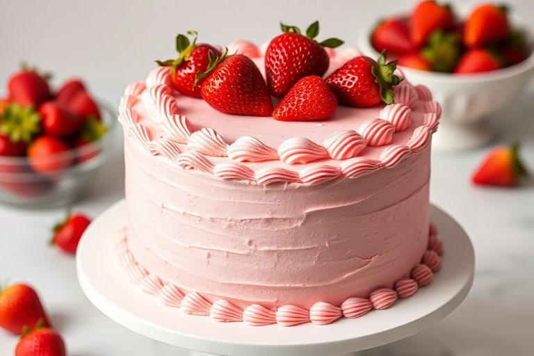 A beautifully decorated round cake with smooth pink frosting and intricate piping around the edges topped with fresh strawberries, placed on a white cake stand with a bowl of strawberries in the background.