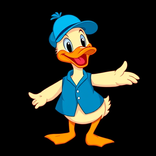 Create a vibrant, cartoon-style illustration of a cheerful duck wearing a blue cap and vest, with outstretched arms, set against a solid black background, using a high-resolution camera with a focal length of 35mm, aperture set to f/8, and a shutter speed of 1/200s, capturing the image in a bright and colorful palette.