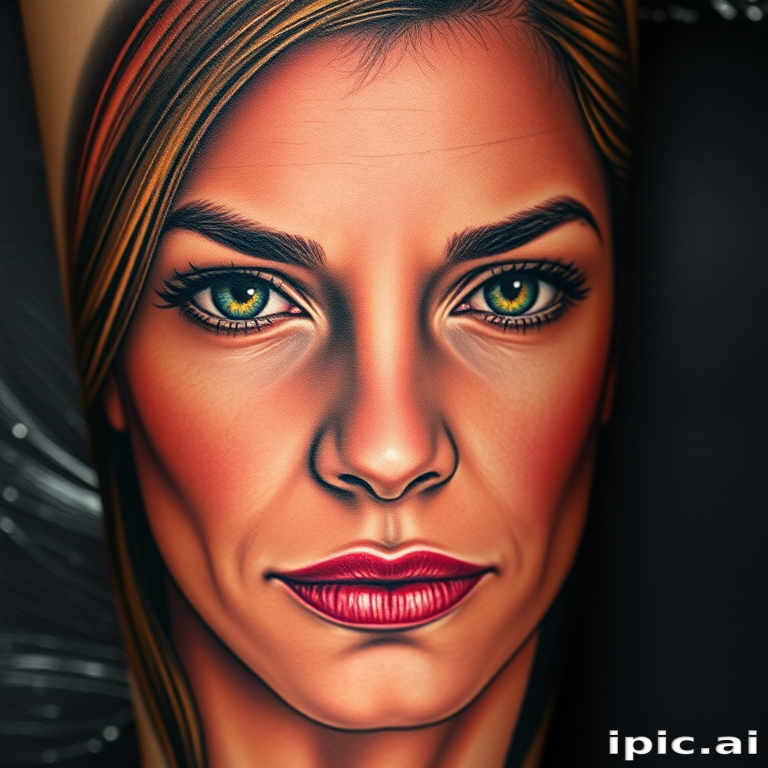 Photorealistic color portrait tattoo called "Timeless Gaze" capturing every nuance of facial features with lifelike shading and vivid hues to create a stunning three-dimensional effect
