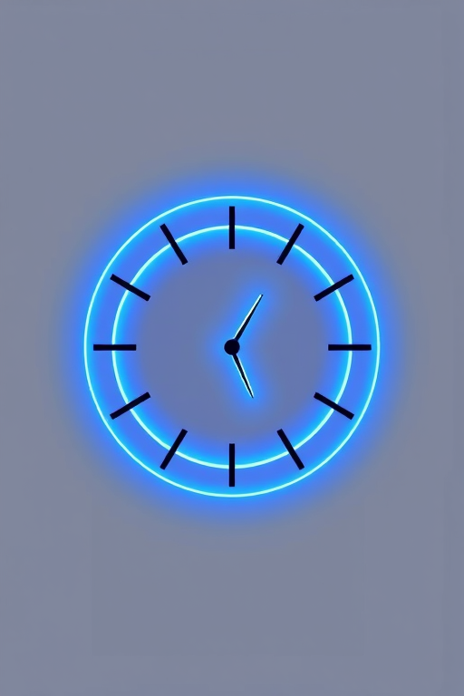 Create a modern clock design on a minimalistic background with bright blue outlines, using a 50mm lens, f/2.8 aperture, ISO 100, and front view, high-resolution digital camera style.