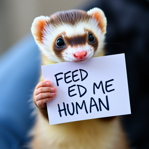 Ferret holding a note which says "FEED ME HUMAN"
