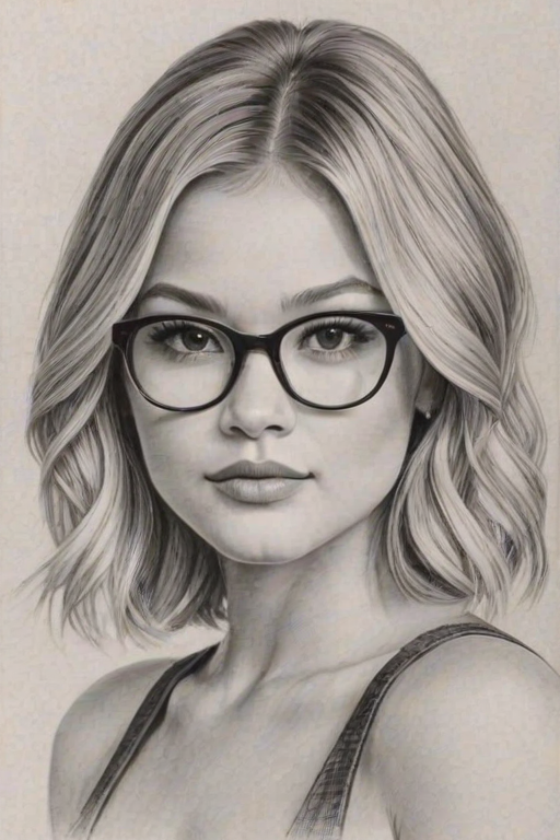 Gorgeous Olivia Holt, pencil sketch, portrait of Captivating woman 1934s in glasses, hair style beatnik, outline, clear lines, fine lines, 8k