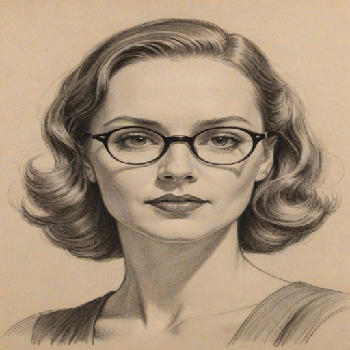Wonderful Amanda Fuller, pencil sketch, portrait of Bewitching woman 1935s in glasses, hair style beatnik, outline, clear lines, fine lines, 8k