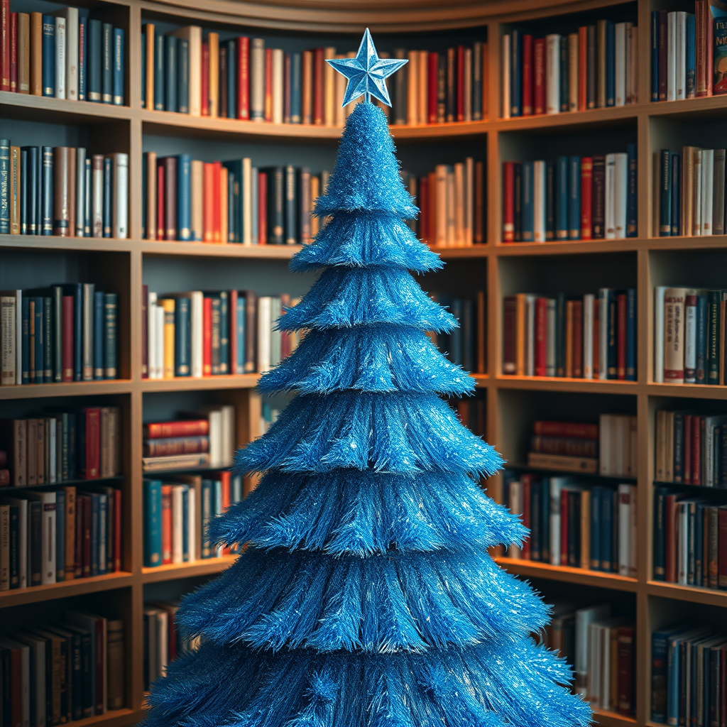 Generate an image of a blue glittery Christmas tree with a star on top, surrounded by bookshelves filled with books. The tree has a layered design, resembling a cone shape with multiple rings. The setting is cozy and festive, with a warm ambiance.