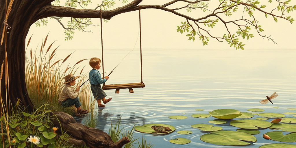 Imagine a small group of old fashioned young boys out fishing by the creek, a swing hanging from a tree branch, reeds and grasses by the water's edge, a frog sitting on a lily pad, dragonflies hovering over som water plans, a very iconic old fashioned scene reminiscent of a Norman Rockwell painting style