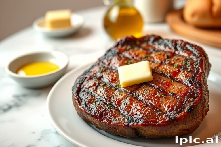 Create an image of a perfectly seared ribeye steak, resting on a white plate with a pat of melting butter on top. The steak is seasoned with fresh herbs like thyme and parsley, with glistening juices highlighting the texture of the meat. The background features a soft focus on a light, marble countertop, with a small dish of butter and an olive oil bottle in the distance. The overall mood should be warm and inviting, capturing the deliciousness and juiciness of the steak.