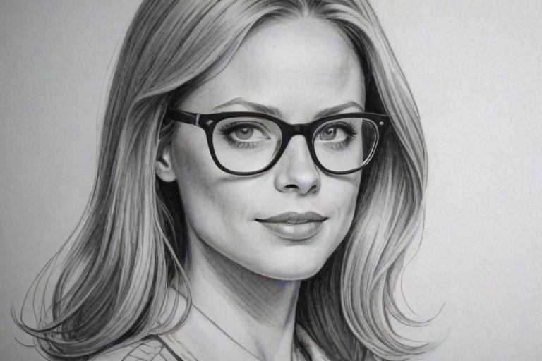 Alluring Claire Coffee, pencil sketch, portrait of Radiant woman 1939s in glasses, hair style beatnik, outline, clear lines, fine lines, 8k
