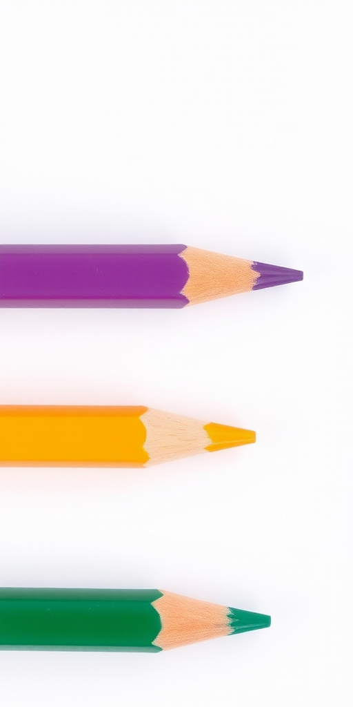Generate an image of four colored pencils arranged horizontally, sharp tips pointed to the right, with a clean white background, using a DSLR camera, 50mm lens, f/2.8 aperture, ISO 100, and natural lighting.
