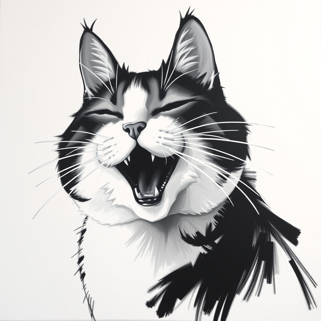 Abstract black and white acrylic portrait of an over exaggerated laughing (cat). Minimalism style. White background.