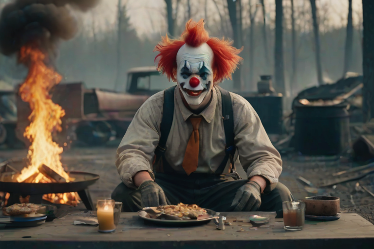 (cinematic, full body shot, clown, setting in dinner, realistic skin, natural features, Phantom High Speed Camera, style raw) ,looking to the viewers, mudapocalyptic, goggles, fire.
