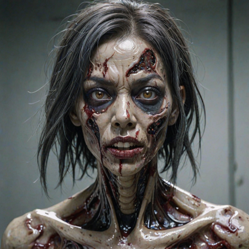 (perspective) of A creepy (ethnicity) zombie cyborg with (descriptive color) skin, (color) lipstick (color) liquid flowing from her eyes and mouth, (perspective two) portrait, (camera angle), extremely detailed, (art style) in the style of Yoshitaka Amano and Tetsuo Hara. --ar 85:128 --style raw --niji 6