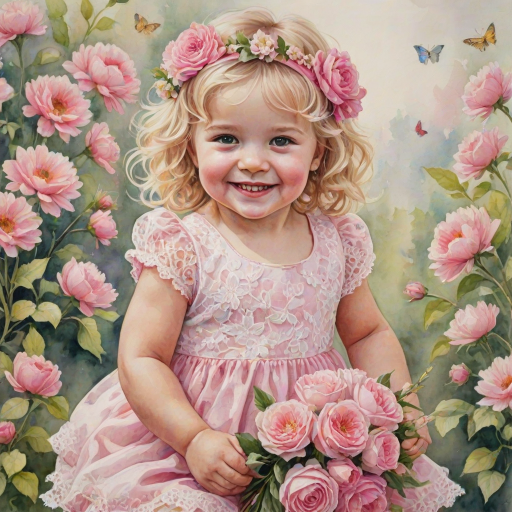 hyperrealism happy smiling toddler girl with messy wavy blonde hair with a headband, she is wearing a pink and white lace dress with pink and white shoes, she is holding a pink bouquet of flowers. Pink flowers and butterflies. summer background. Watercolor Highly detailed