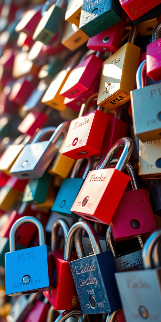 A close-up photograph of a dense cluster of colorful padlocks with engravings, bright sunlight illuminating the scene, taken with a Canon EOS R5, 50mm lens, aperture f/2.8, ISO 100, 1/200 sec shutter speed, emphasizing sharp details and vibrant colors.