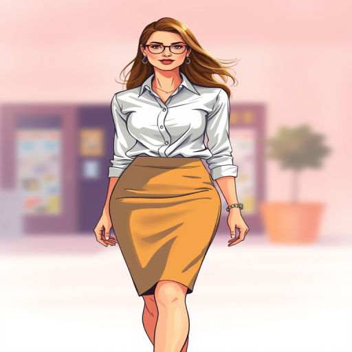 Create a vibrant digital illustration of a confident woman in a fitted pencil skirt and button-up shirt, stylishly walking, with a soft-focused background, using a DSLR camera with a 50mm lens, aperture set to f/1.8, ISO 100, and natural lighting for a warm glow.