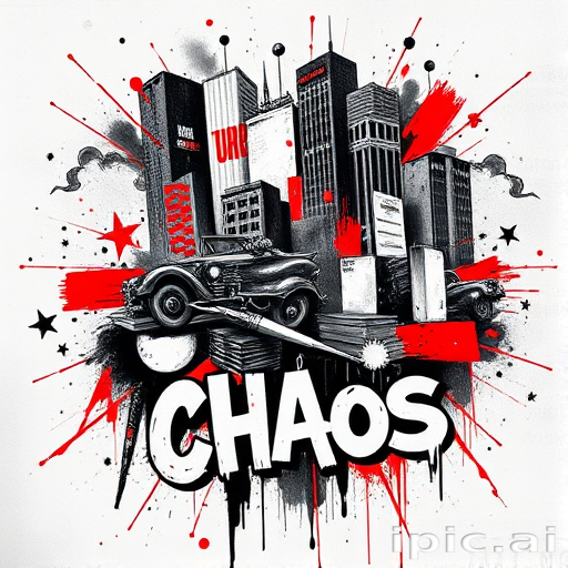 Trash polka tattoo called "Urban Chaos" combining realistic black and gray elements with abstract red accents and typography in a bold chaotic composition inspired by street art