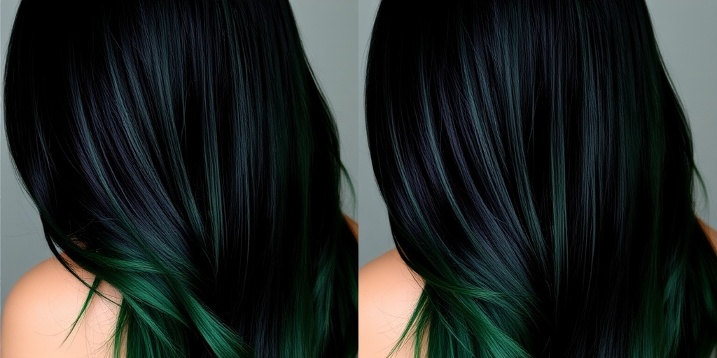 Jet black hair with vibrant emerald green underlights styled in sleek, pin-straight locks showcases the mysterious "Enchanted Forest" look, featuring a glass-like shine and subtle forest green highlights that peek through when the hair moves, creating an alluring and magical appearance