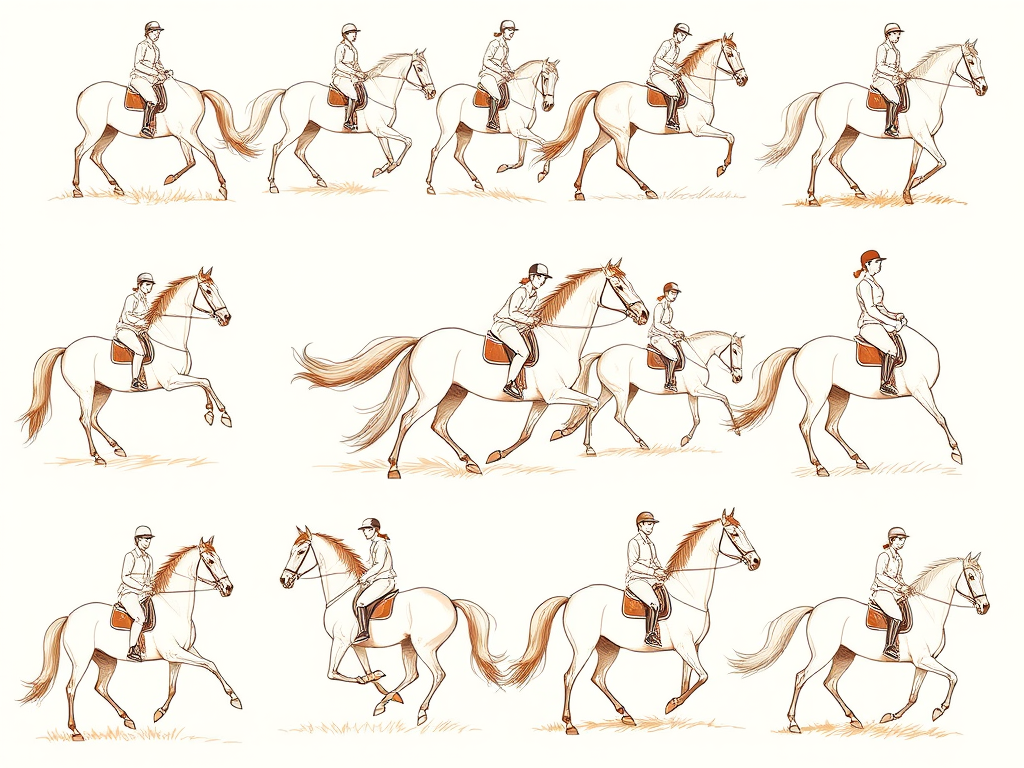 high-resolution vintage-style illustrations of horses and riders arranged in a grid, featuring detailed line art and sepia tones, designed to capture the grace and movement of equestrian subjects, shot with a Canon EOS R5, 50mm lens at f/1.8, ISO 100, shutter speed 1/250, natural ambient lighting, slight vignette for emphasis