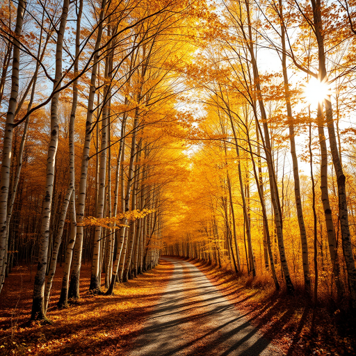 autumn forest with golden birch trees lining a pathway, sunlight filtering through leaves creating starburst effect, f/8 aperture, ISO 100, 1/250 sec shutter speed, wide-angle lens, DSLR camera, high dynamic range style