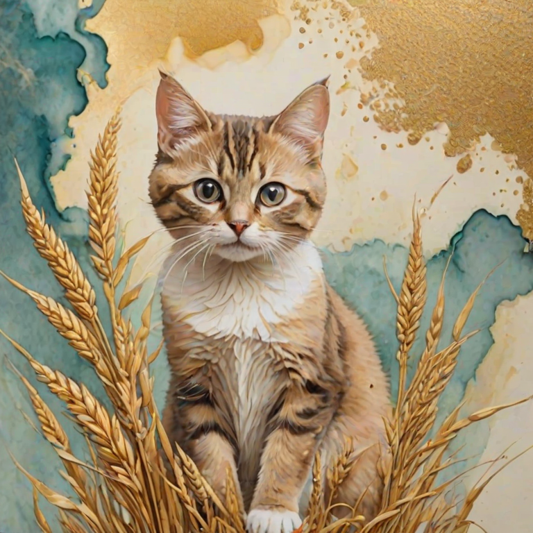 Soft, muted Alcohol Ink with ebru effect background image of tiny whimsical cat, who climbed high on the top of a golden rye ear.