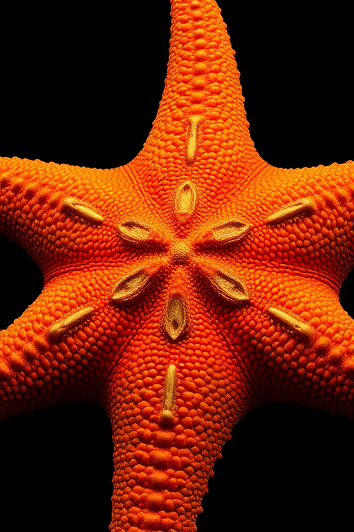 Create a highly detailed digital illustration of a starfish with textured skin, vibrant orange color, set against a contrasting dark background, shot with a DSLR camera at f/8 aperture, 50mm lens, and 1/200 second shutter speed for optimal clarity and depth.