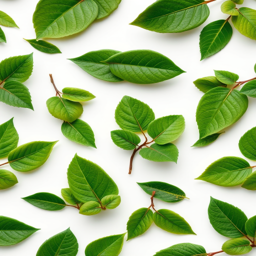 Create a high-resolution seamless pattern featuring stylized green leaves on a white background, shot with a Canon EOS R5 at f/8, ISO 100, 24mm lens in macro photography style for enhanced detail and clarity.