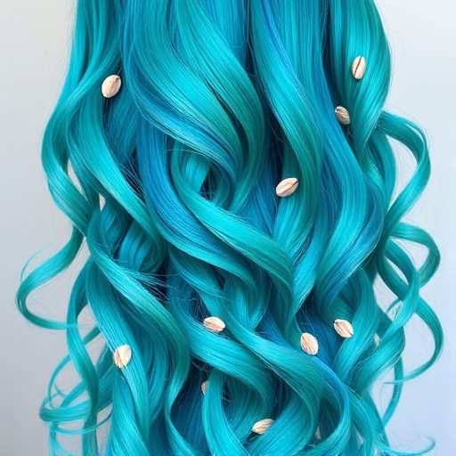 Vibrant teal mermaid waves cascade down to the waist, shimmering with iridescent highlights and adorned with tiny seashells, creating a mesmerizing underwater-inspired look called "Oceanic Dream"