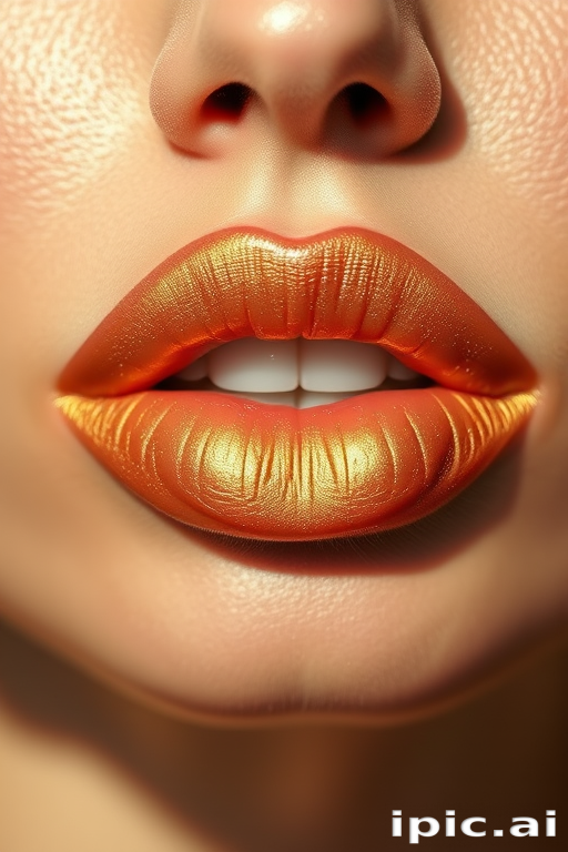 Shimmering nude lips with golden undertones, reflecting light and creating a luxurious glow, enhancing natural beauty with understated elegance