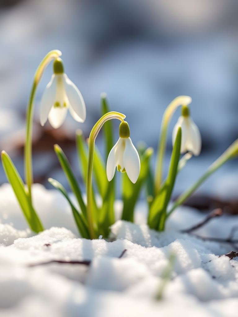 Capture a close-up of snowdrops emerging from the snow during early spring, with soft sunlight illuminating the petals, use a DSLR camera with a 50mm f/1.8 lens, aperture set to f/2.8 for a shallow depth of field, ISO 200, and a shutter speed of 1/200s to highlight the delicate details and create a dreamy bokeh effect.