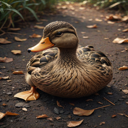 Stunning image of a cute adorable tired looking wacky duck laying flat on the ground, no emotions, moody, grainy, noisy, concept art, by Alberto Seveso, Cyril Rolando, Dan Mumford, Meaningful Visual Art, Detailed Painting, Digital Illustration,