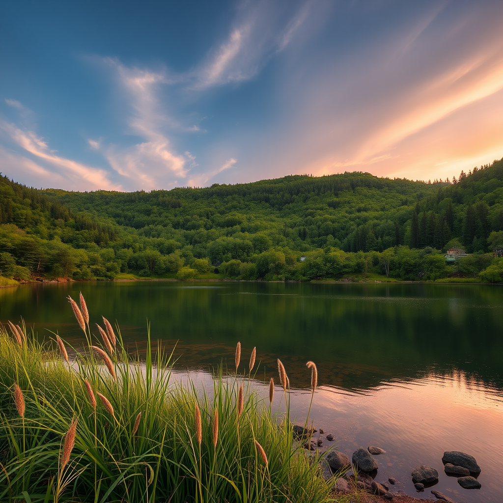 Generate a high-resolution image of a serene landscape featuring a tranquil lake and lush greenery during golden hour, captured with a Canon EOS R5 at f/8, ISO 100, shutter speed 1/200s, using a wide-angle lens from a low angle perspective for depth.