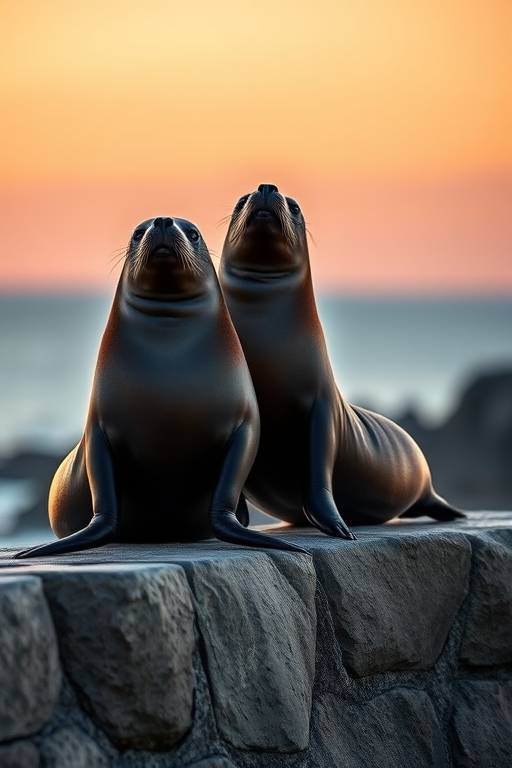 Regenerate the image of two sea lions sitting side by side on a stone ledge at dusk, with a shallow depth of field, soft focus background, using a Canon EOS 5D Mark IV, 50mm lens at f/2.8, ISO 400, shutter speed 1/200s, in natural lighting to enhance clarity and detail.