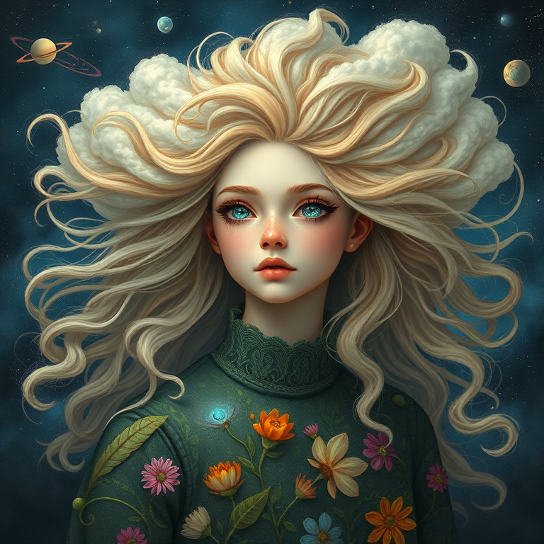 Create a series of imaginative portraits where each subject is infused with elements of fantasy and nature. The hair of the individuals should flow like clouds, varying from soft, fluffy cumulus to wispy cirrus strands, with hints of color reflecting a sunset or a clear blue sky. The eyes should be windows to entire galaxies, with stars, nebulae, and distant planets visible within them. Clothing should be adorned with nature motifs, such as floral patterns that bloom and change, vines that seem to grow and wrap around, or feathers that shimmer with iridescence. Each portrait should capture a unique personality, blending human features with the ethereal beauty of the natural and cosmic world. The backgrounds can vary, from starry night skies to enchanted forests, adding depth and context to the magical realism of the portraits
