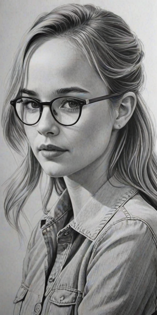 Stunning Britt Robertson, pencil sketch, portrait of Sublime woman 1944s in glasses, hair style beatnik, outline, clear lines, fine lines, 8k