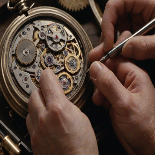 Sharp, detailed close-up of a watchmaker's hands working on the intricate gears of a pocket watch, tiny tools and precision movements illuminated by a bright work light in an otherwise dim workshop.