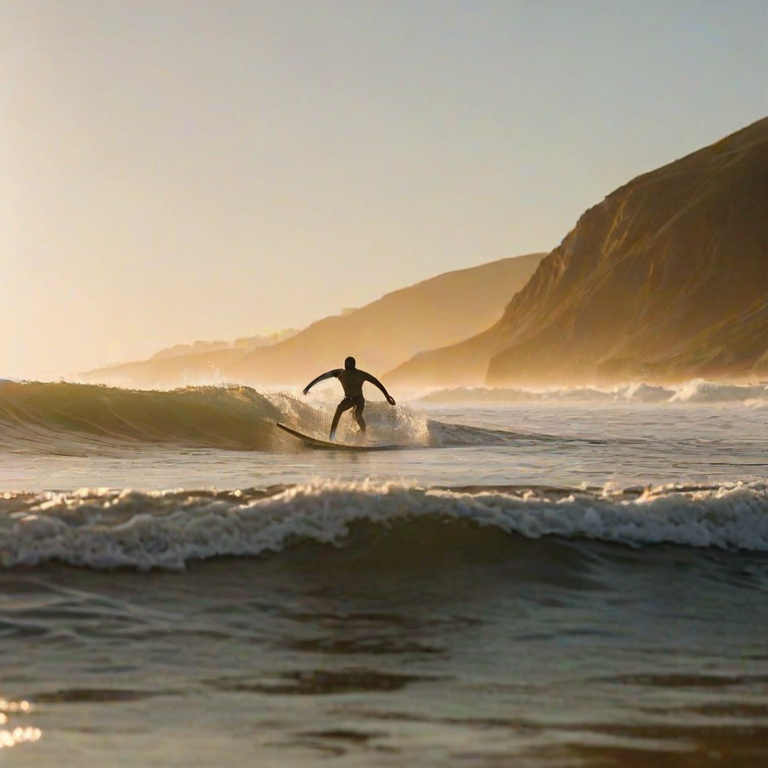 Blurry action shot of a surfer riding a wave at sunrise, water splashing up around them, the golden light of the early morning reflecting off the ocean, distant seagulls flying overhead, focus on the intense concentration on the surferes face.