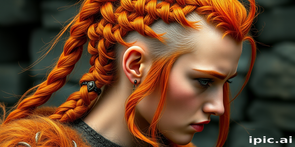Fierce flame-haired warrior with an intricate Viking-inspired braided style, featuring shaved sides and ornate beads
